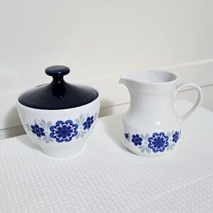 Vtg Mitterteich Lidded Sugar Creamer Set Coffee Tea White Blue Flowers Germany